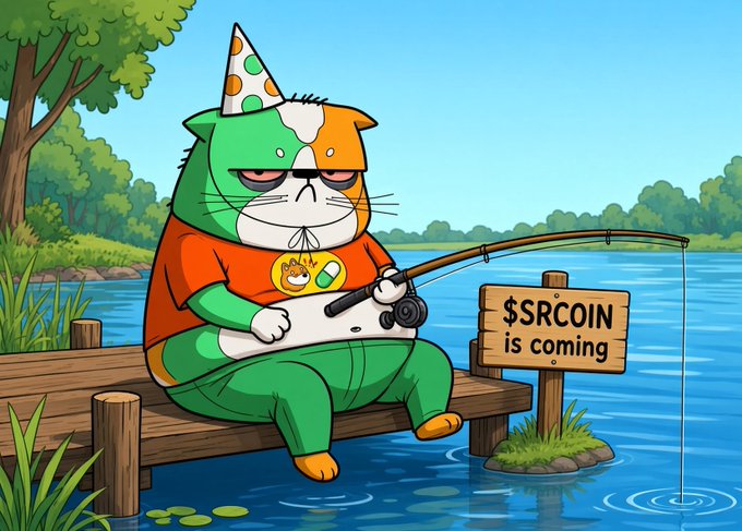 An illustrated cartoon of a green and orange cat wearing a party hat and orange shirt, sitting on a dock fishing, with a wooden sign reading '$SRCOIN is coming'.