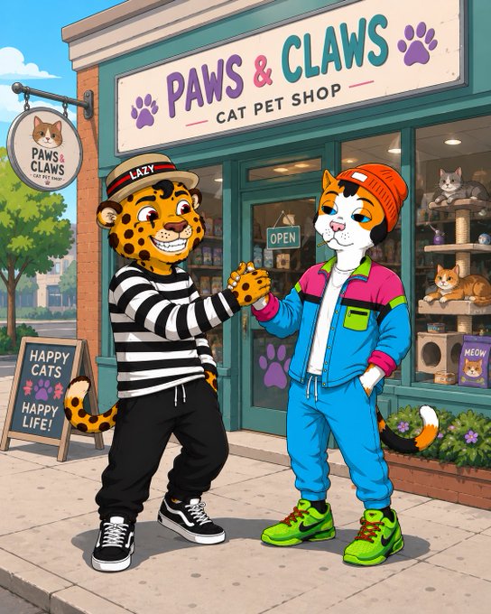 An anime-style illustration depicts two anthropomorphic animal characters—a cheetah in a striped shirt labeled 'LAZY' and an orange cat in a colorful tracksuit—shaking hands outside a store named 'PAWS & CLAWS CAT PET SHOP' with a 'HAPPY CATS HAPPY LIFE!' chalkboard sign.
