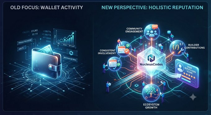 An infographic contrasting 'Old Focus: Wallet Activity' (showing a digital wallet with transaction data) with 'New Perspective: Holistic Reputation' by NucleusCodes, highlighting community engagement and builder contributions.