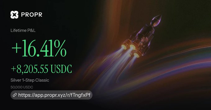 A promotional image for 'PROPR' displaying 'Lifetime P&L +16.41%' and '+8,205.55 USDC' for 'Silver 1-Step Classic' against a dark background with a rocket launching.