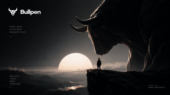 A dramatic dark illustration for 'Bullpen' featuring a giant bull facing a silhouetted figure standing on a cliff against a setting sun, with text 'SAME GOAL. DIFFERENT PERSPECTIVE.' and 'ANALYZE TRADE GROW TOGETHER'.