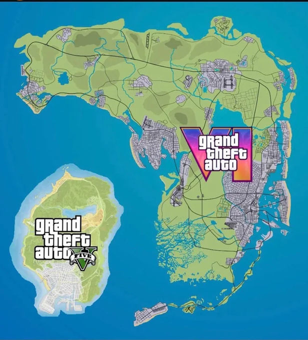 A side-by-side comparison shows the maps from Grand Theft Auto VI (resembling Florida) and Grand Theft Auto V (Los Santos).