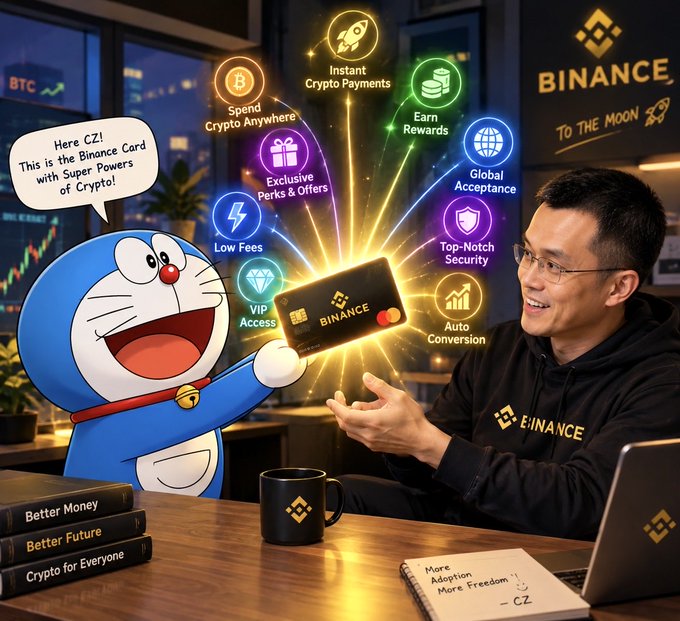 An AI-generated illustration showing a man in a Binance hoodie receiving a Binance card from a Doraemon-like cartoon character, with floating icons advertising features like "Instant Crypto Payments" and "Global Acceptance."