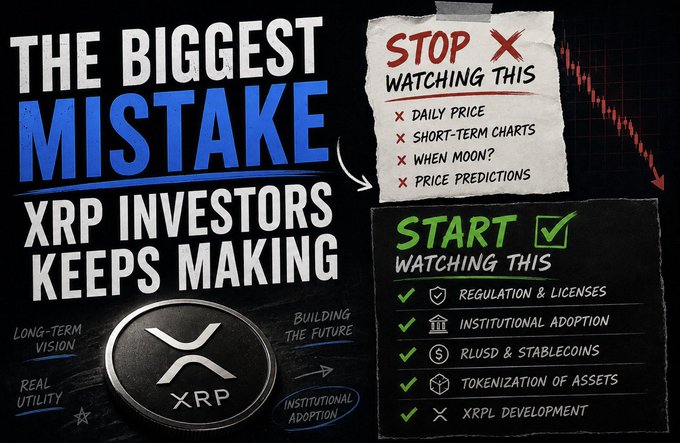 A YouTube thumbnail titled "THE BIGGEST MISTAKE XRP INVESTORS KEEPS MAKING" featuring the XRP logo, with a comparison showing investors should "STOP WATCHING THIS" (daily price, short-term charts, moon timing, price predictions) and "START WATCHING THIS" (regulation & licenses, institutional adoption, RLUSD & stablecoins, tokenization of assets, XRPL development), reinforcing the message that XRP's real value lies in infrastructure development rather than price action.