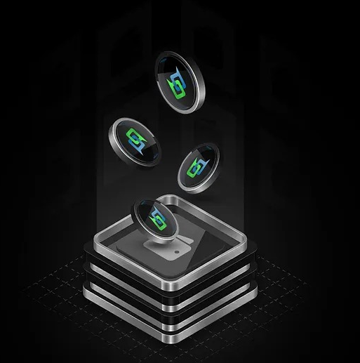 A digital 3D illustration of several metallic coins with green symbols floating above a layered, square platform against a dark background.