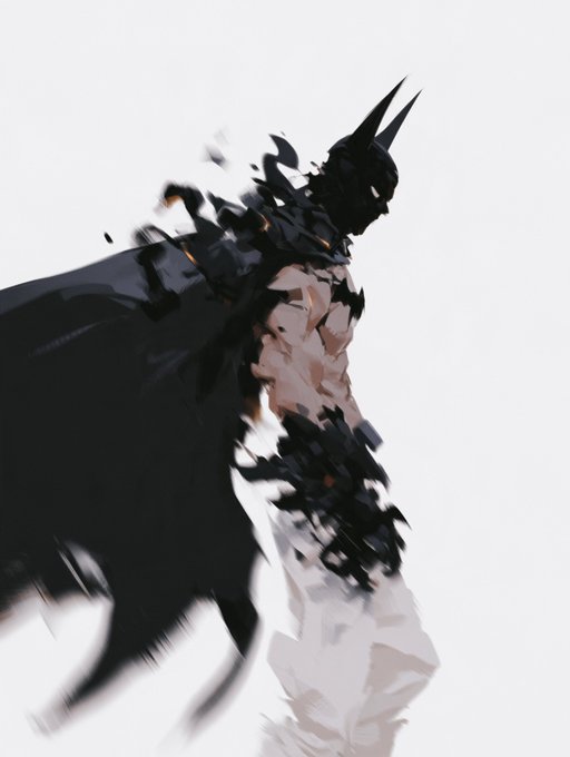A digital painting depicting the character Batman in silhouette, wearing a tattered cape and a glowing red eye against a bright white background.