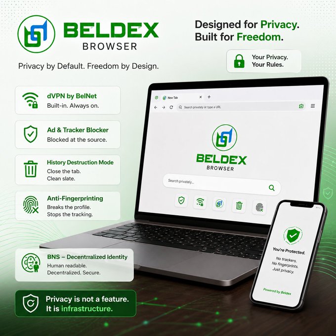 A promotional graphic for 'BELDEX BROWSER' with the tagline 'Designed for Privacy. Built for Freedom.', highlighting features like dVPN, Ad & Tracker Blocker, and History Destruction Mode on a laptop and phone.