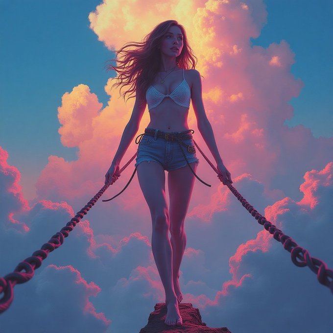A fantasy digital illustration of a woman in a white bikini top and denim shorts standing on a rocky peak, holding chains against a dramatic backdrop of pink and blue clouds.
