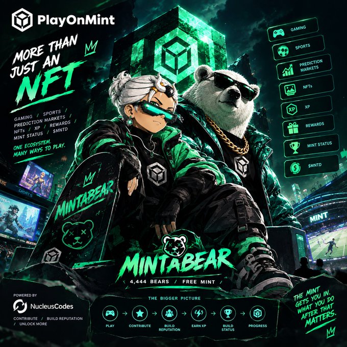 A promotional graphic for 'PlayOnMint' featuring 'MINTABEAR', an NFT project with 4,444 bears, highlighting features like gaming, sports, prediction markets, and XP, powered by NucleusCodes.