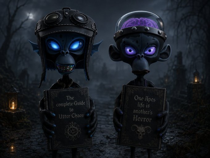 Two dark, eerie 3D-rendered monkey characters with glowing eyes stand in a misty graveyard, each holding a book titled "The complete Guide to Utter Chaos" and "One Apes life is another's Horror".