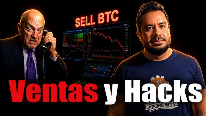 The image is a YouTube thumbnail showing two men on either side of trading screens displaying a declining chart with "SELL BTC" in red neon text, with "Ventas y Hacks" written below. The dramatic visuals of a panicked man on the phone and falling price action reinforce the post's message about Jim Cramer selling Bitcoin while the price surprisingly holds steady despite negative news.