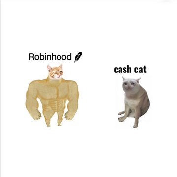 The image shows a buff cat labeled "Robinhood 💸" next to a regular cat labeled "cash cat." The post appears to joke about Robinhood CEO Vlad naming a hypothetical third character "Capital," fitting the meme's theme of anthropomorphizing financial services.