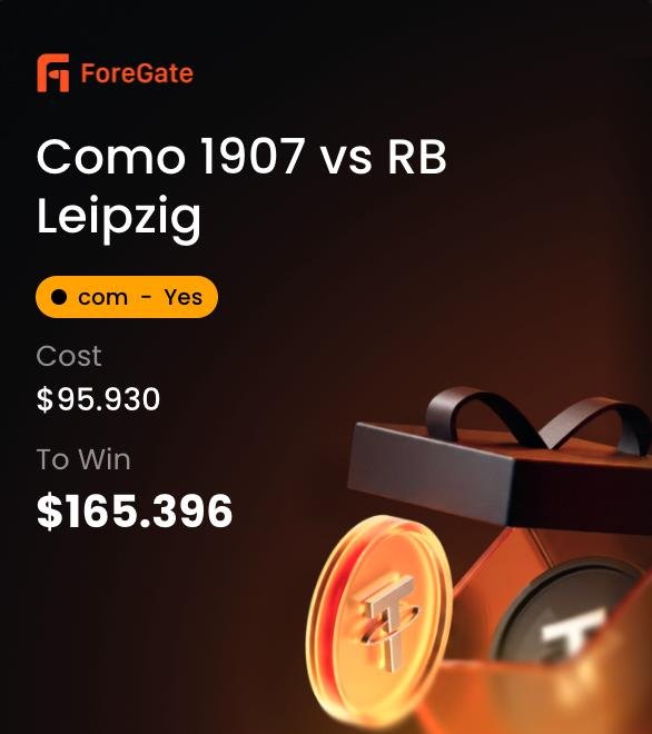 A ForeGate sports betting screen shows odds for 'Como 1907 vs RB Leipzig' with a cost of '$95.930' and potential winnings of '$165.396'.