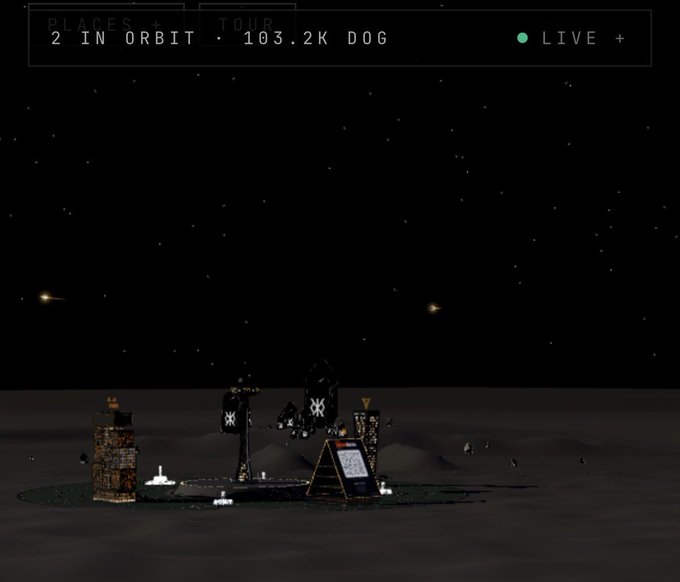 A dark space-themed virtual scene with text '2 IN ORBIT • 103.2K DOG' and 'LIVE +', showing small structures on a lunar-like surface under a starry sky.