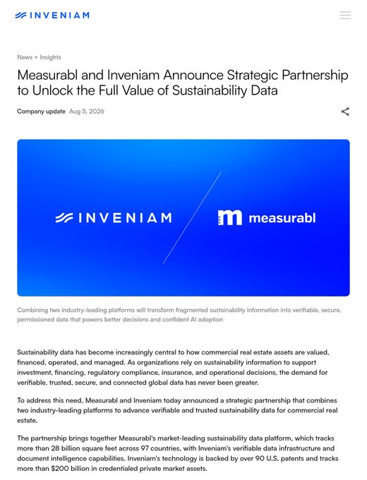 A screenshot of a press release or webpage from INVENIAM titled 'Measurabl and Inveniam Announce Strategic Partnership to Unlock the Full Value of Sustainability Data', dated August 5, 2026.