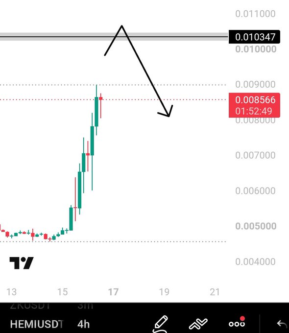 A 4-hour HEMIUSDT candlestick chart on TradingView shows the token's price surging from around 0.005 to a high near 0.009, followed by an annotated arrow pointing downward from the 0.010347 resistance level toward 0.008566, warning traders not to enter blindly and instead follow the provided chart setup.