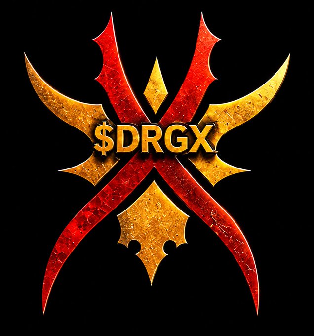 A stylized digital graphic featuring a red and gold emblem with curved, sword-like shapes and the text '$DRGX' in the center against a black background.