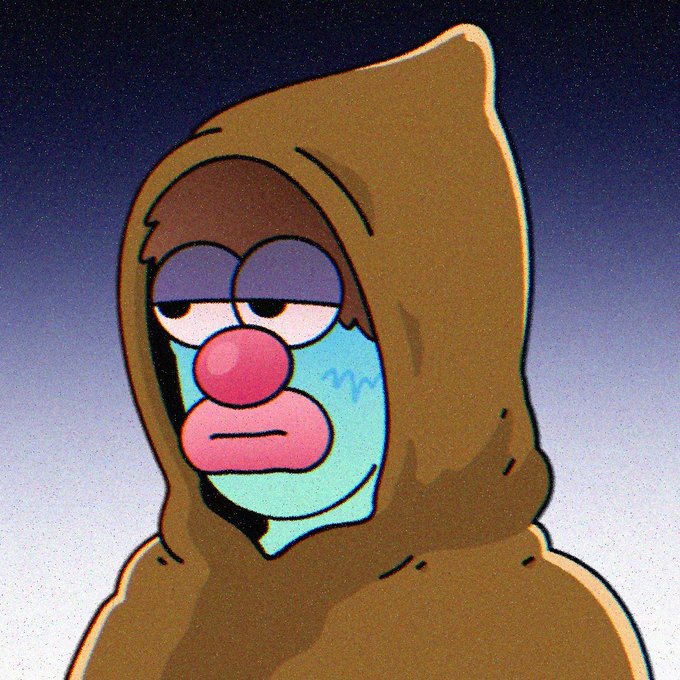 A sad cartoon clown with a pink nose and tear on his cheek, wearing a brown hooded cloak, is set against a dark blue background, humorously conveying a melancholy "loser" sentiment to contrast with the list of "winners" tagged in the post.