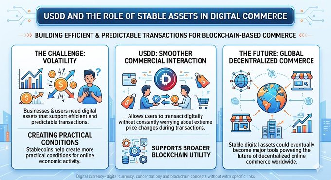 This image depicts a blue poster or banner with three distinct sections showcasing different aspects of stablecoin technology, specifically focusing on USDD (stable currency). The title of the poster reads "USDD and the role of stable assets in digital commerce", setting up the content for an informative discussion about stablecoins.