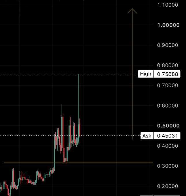 A candlestick chart displays the price action of $MAGMA, showing a sharp upward spike from around 0.42 to a recent high of 0.75688, with the current ask at 0.45031—aligning with the post's suggested entry range of 0.42-0.45 and bullish outlook for higher prices.