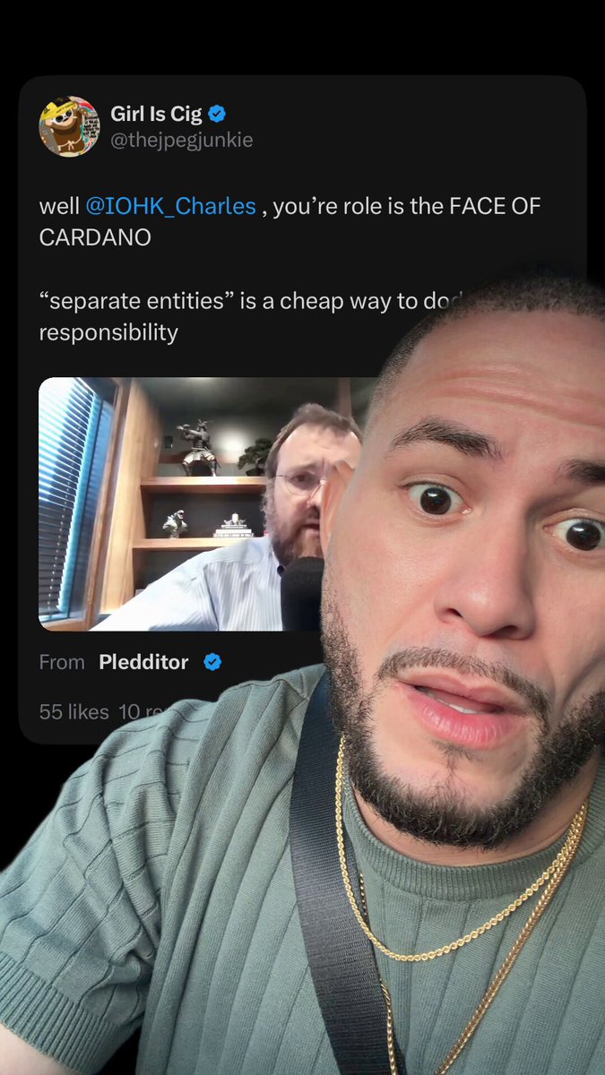 The image shows two men looking at each other through a Twitter account. The man on the left side of the screen has a beard, while the man on the right side has short hair. They are both wearing green shirts. The caption of the image reads "Terrible what @IOHK_Charles has said about Cardano and this affects the entire crypto market, on my channel we did a much longer reaction and with an explanation about it".