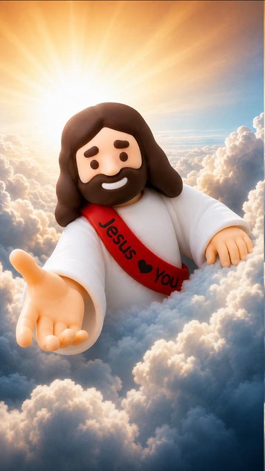 A 3D-rendered image depicts a smiling Jesus figure floating above the clouds, wearing a sash that reads 'Jesus ❤️ You'.