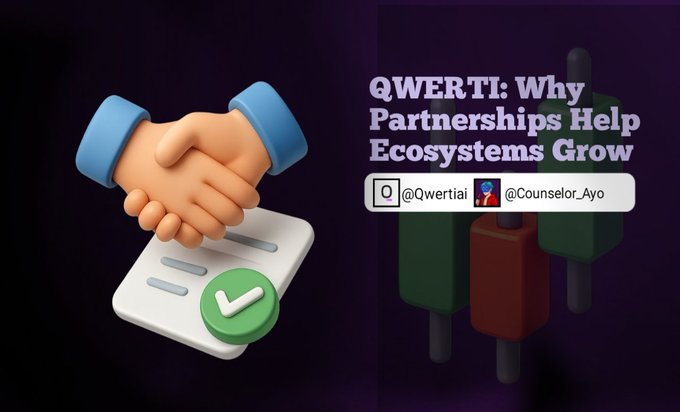 A 3D handshake graphic above a document with a green checkmark accompanies the title "QWERTI: Why Partnerships Help Ecosystems Grow," along with handles @Qwertiai and @Counselor_Ayo. The image visually reinforces the post's message about how the Qwerti and Bitget Wallet collaboration drives ecosystem growth through strategic partnerships.