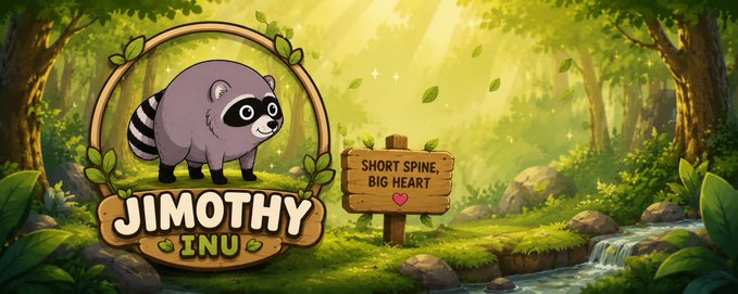 A chibi raccoon mascot labeled "JIMOTHY INU" stands in a whimsical forest setting next to a wooden sign reading "SHORT SPINE, BIG HEART," capturing the cute, meme-inspired branding of the upcoming Raydium launch. The lush green scenery and playful character design align with the post's announcement of Jimothy Inu's debut on July 27th.
