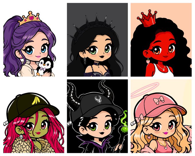 A collage of six chibi-style cartoon character avatars featuring various themes like princesses with crowns, horror-inspired characters with horns, and girls wearing caps.
