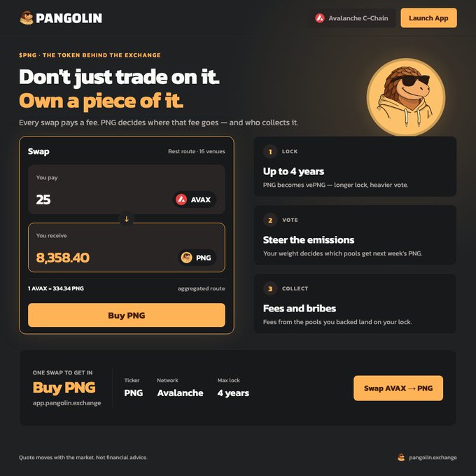 A webpage for PANGOLIN, promoting the $PNG token on the Avalanche C-Chain, featuring a swap interface for AVAX to PNG and information about locking, voting, and collecting fees.