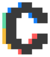 A pixelated letter 'C' design in dark gray with colorful accent blocks in blue, green, pink, red, and yellow.