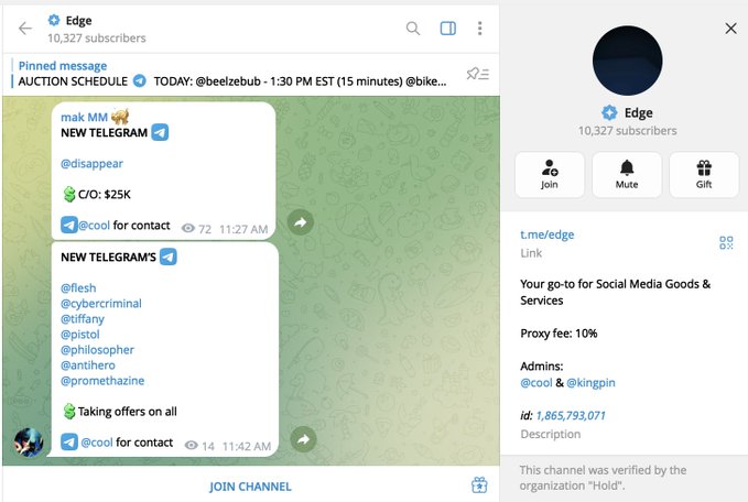 A screenshot of a Telegram channel called "Edge" with 10,327 subscribers, showing auction listings for Telegram usernames including @flesh, @cybercriminal, @tiffany, @pistol, @philosopher, @antihero, and @promethazine, listed under "NEW TELEGRAMS" with offers being taken. The image directly supports the post's claim about @tiffany and other usernames being listed for sale, with the channel advertising a 10% proxy fee and operated by admins @cool and @kingpin.