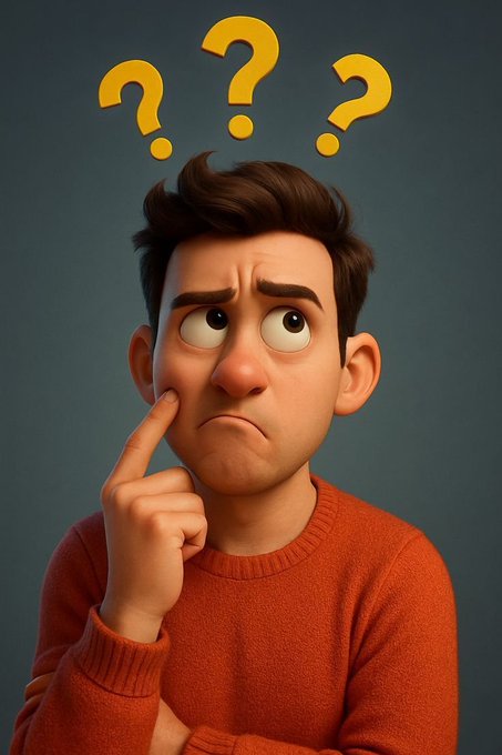 A 3D animated man with a confused expression, wearing an orange sweater, rests his finger on his cheek beneath three floating yellow question marks.