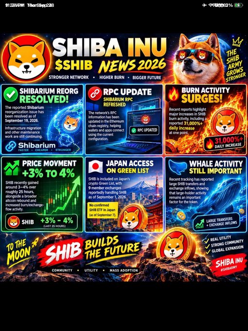 A flashy promotional graphic titled "SHIBA INU $SHIB NEWS 2026" with the tagline "STRONGER NETWORK • HIGHER BURN • BIGGER FUTURE," featuring sections on Shibarrium Reorg Resolved, RPC Update, Burn Activity Surges (+31,000%), Price Movement, Japan Access, and Whale Activity.