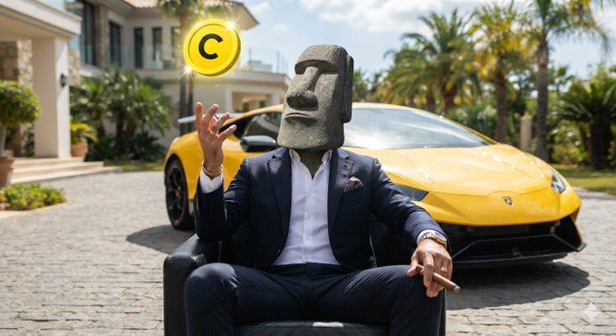 A digitally altered image showing a man in a dark suit with a Moai (Easter Island) statue head, sitting in a chair tossing a glowing gold 'C' coin, with a yellow Lamborghini behind him.