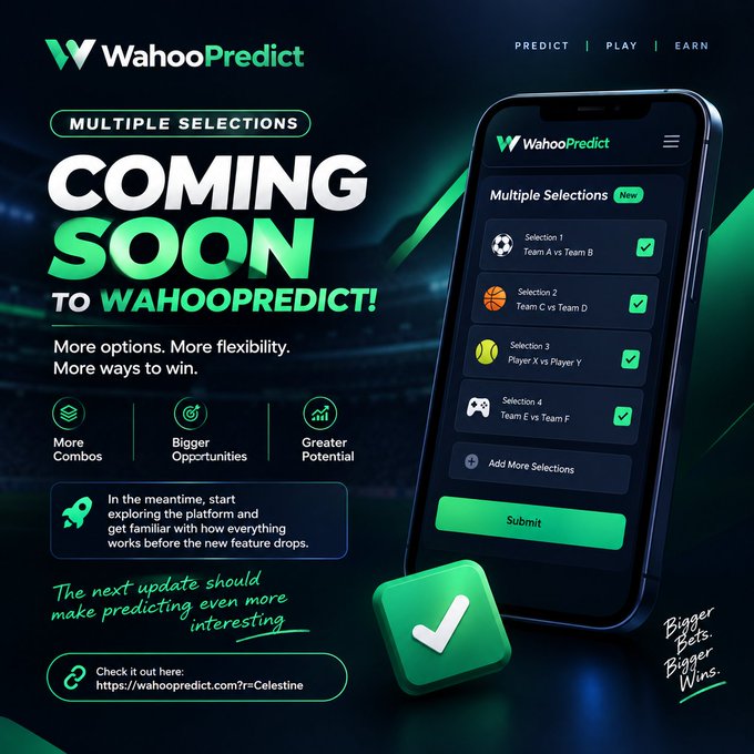 An advertisement for WahooPredict announces "COMING SOON MULTIPLE SELECTIONS" with text promoting "More options. More flexibility. More ways to win." and showing a mobile app interface with selection checkboxes.