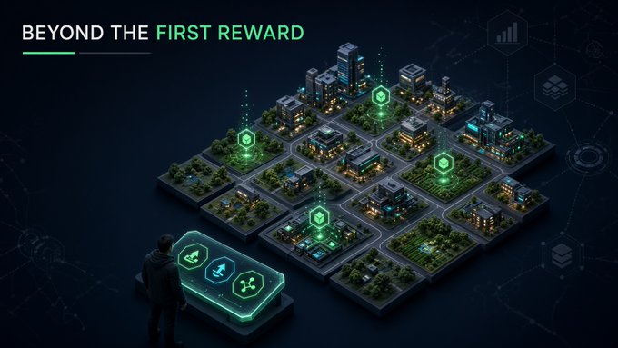 A futuristic city-map illustration titled “BEYOND THE FIRST REWARD” shows a person facing glowing control panels and connected buildings marked by green digital icons.