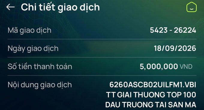 A Vietnamese transaction details screen showing a payment of 5,000,000 VND dated 18/09/2026, with transaction code 5423-26224 and content referring to a top 100 reward program.