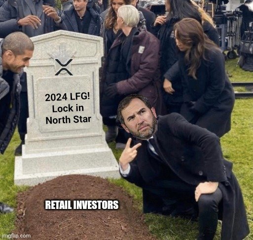 Meme showing a man kneeling at a gravestone marked '2024 LFG! Lock in North Star' with the caption 'RETAIL INVESTORS', referencing the LFG token and its North Star exchange listing.