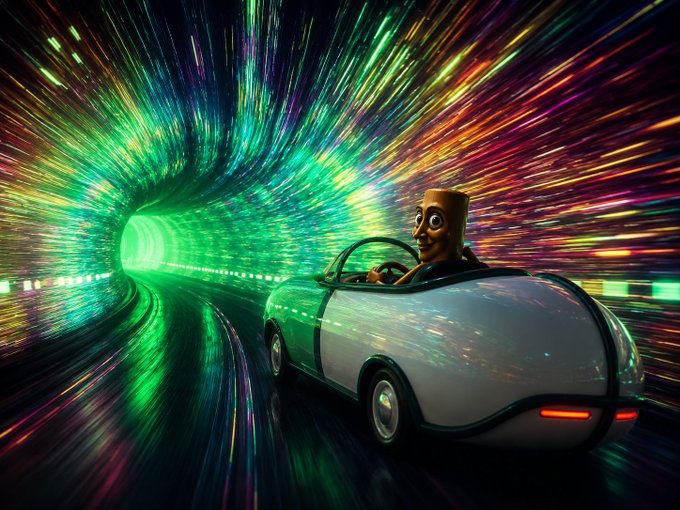 A surreal, cartoonish figure with a cylindrical, potato-like head rides a sleek, futuristic pod-car through a vibrant, warp-speed tunnel of streaking neon lights, evoking the thrill of an otherworldly journey.

The image visually echoes the post's message about enjoying the journey, portraying a whimsical traveler racing through a colorful, dynamic void—mirroring the speculative, fast-paced excitement surrounding the $ZBCNS crypto token and its associated platforms.