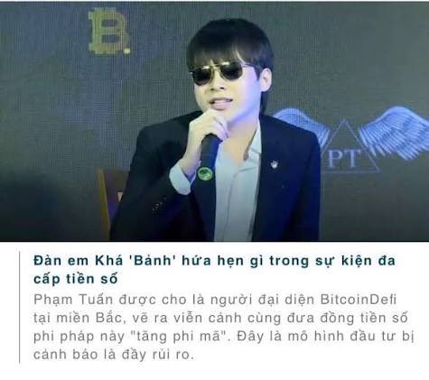 A Vietnamese news article features a man in sunglasses and a dark blazer holding a microphone, captioned "Dàn em khá 'Banh' hứa hẹn gì trong sự kiện đa cấp tiền số," which discusses Phạm Tuấn, a representative accused of promoting the BitcoinDefi scam scheme.