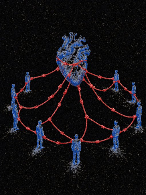 A digital artwork on a black background features an anatomical blue heart at the top, connected by red beaded strings to a circle of blue human figures below.