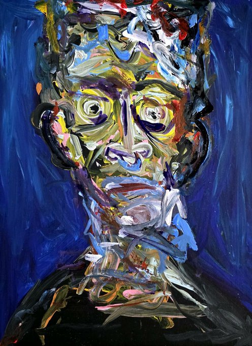 An expressionist oil painting depicting a distorted face with swirling brushstrokes of blue, yellow, green, and white against a dark blue background.