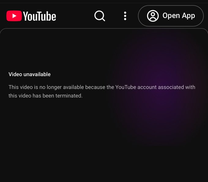 A YouTube error screen on a mobile interface displaying the message 'Video unavailable. This video is no longer available because the YouTube account associated with this video has been terminated.'
