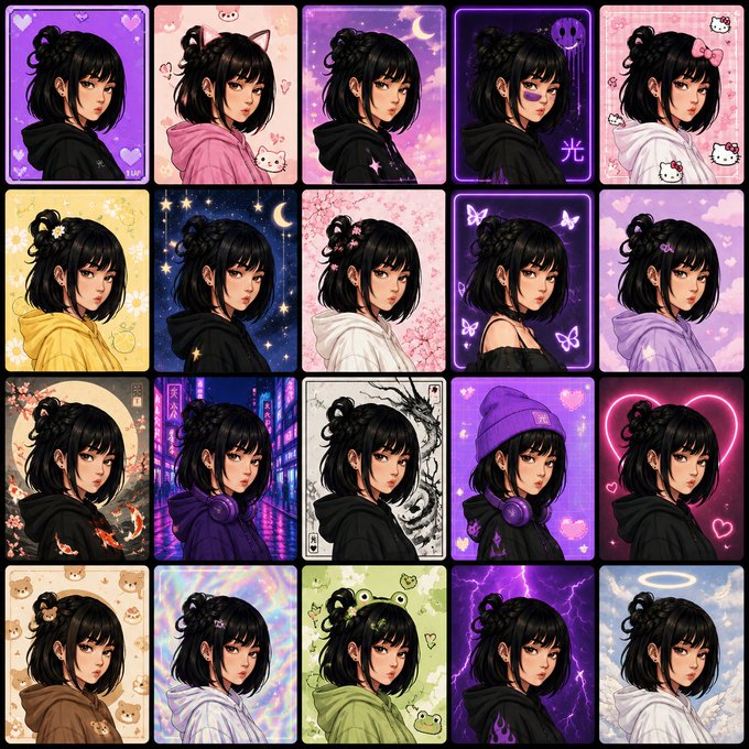 Grid of 20 illustrated anime-style portraits of a dark-haired woman in various themed outfits and settings, including hoodie, cyberpunk, neon, kawaii, and fantasy aesthetics with purple and pastel color schemes.