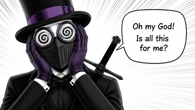 A manga-style illustration of a mysterious figure in a black tuxedo, top hat with purple band, and purple gloves, with spiral hypnotic eyes and a plague-doctor-style mask, saying in a speech bubble: 'Oh my God! Is all this for me?'
