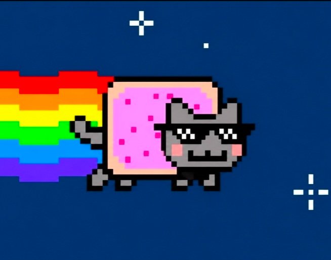 A pixel art illustration of Nyan Cat, a gray cat with a Pop-Tart body, wearing sunglasses and leaving a rainbow trail against a dark blue starry background.
