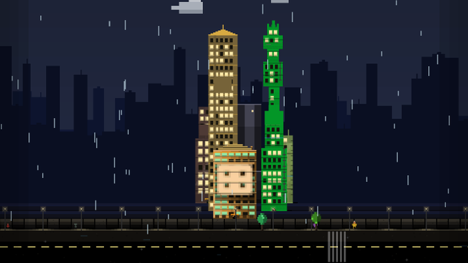 A pixel-art cityscape at night features two illuminated skyscrapers—one beige and one glowing green—standing amid a dark skyline with rain falling. A small figure with a torch walks along the wet street below, evoking the post's message about building and working through the night when "the city never sleeps."