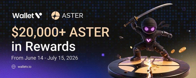A promotional banner for 'Wallet' and 'ASTER' advertising '$20,000+ ASTER in Rewards' from 'June 14 - July 15, 2026' (site: walletr.io), featuring a ninja-style character holding a sword amidst falling coins.