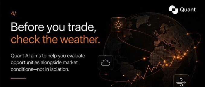 Dark promotional banner for 'Quant AI' featuring 'Before you trade, check the weather' with weather icons (sun, cloud, wind) overlaid on a globe with market connections.